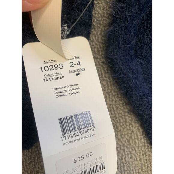 Mayoral Kids 2-4 Blue Fuzzy Pompom 3 in 1 Set Hat Scarf Mitten NWT - Picture 3 of 5